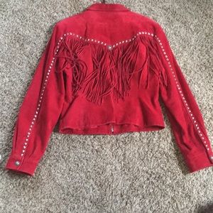 Red fringe suede jacket.